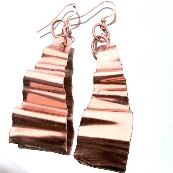 Solid Copper Crinkle Long Earrings Rustic Dangle Handmade Artisan Form Folded - Picture 2 of 8
